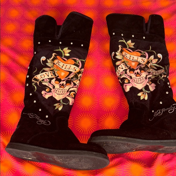 Ed Hardy Black and Orange Skull Heeled Boots pre...